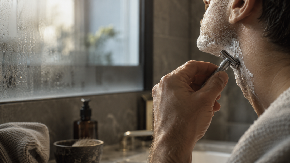 Editorial close-up of a man shaving his neck with a safety razor at a shallow angle