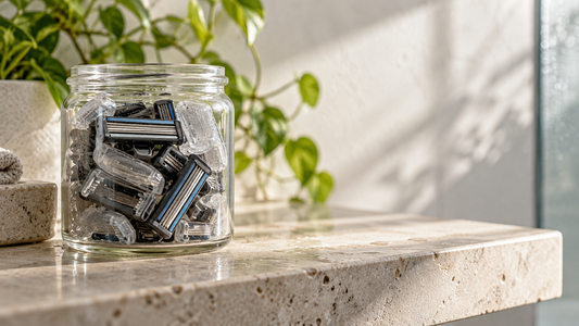 Generic used cartridge heads collected in a glass jar on a pale stone shelf