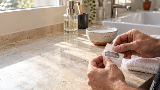 Hands opening a paper sleeve with a double-edge blade on a bathroom counter