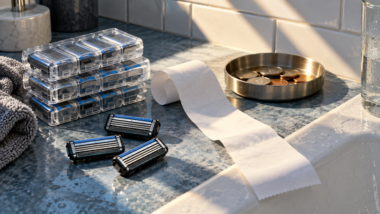 Generic cartridge refill packs, loose cartridges and a blank receipt on blue tile