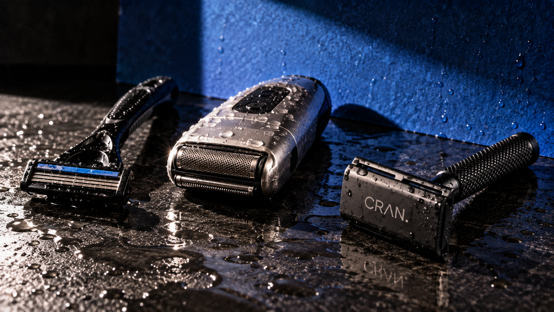 Cartridge razor, electric shaver and CRAN safety razor with visible logo