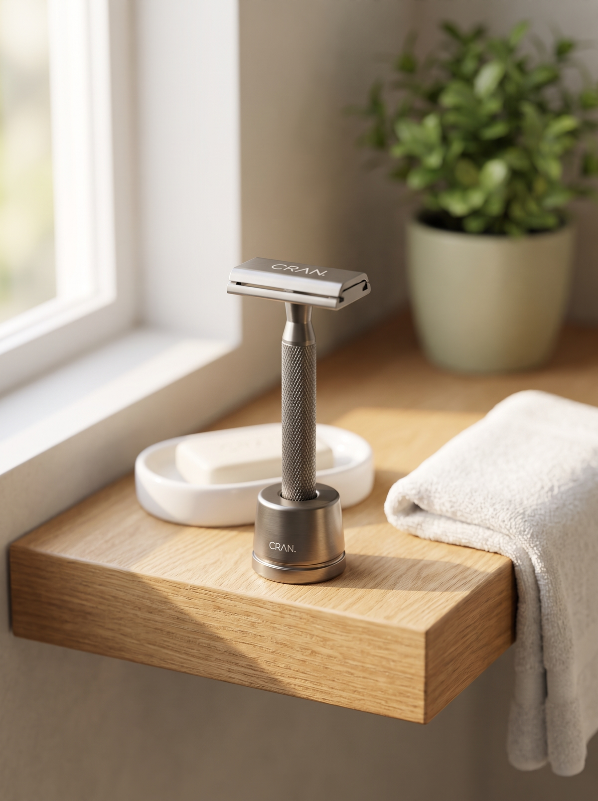 CRAN. razor and stand on a bathroom shelf