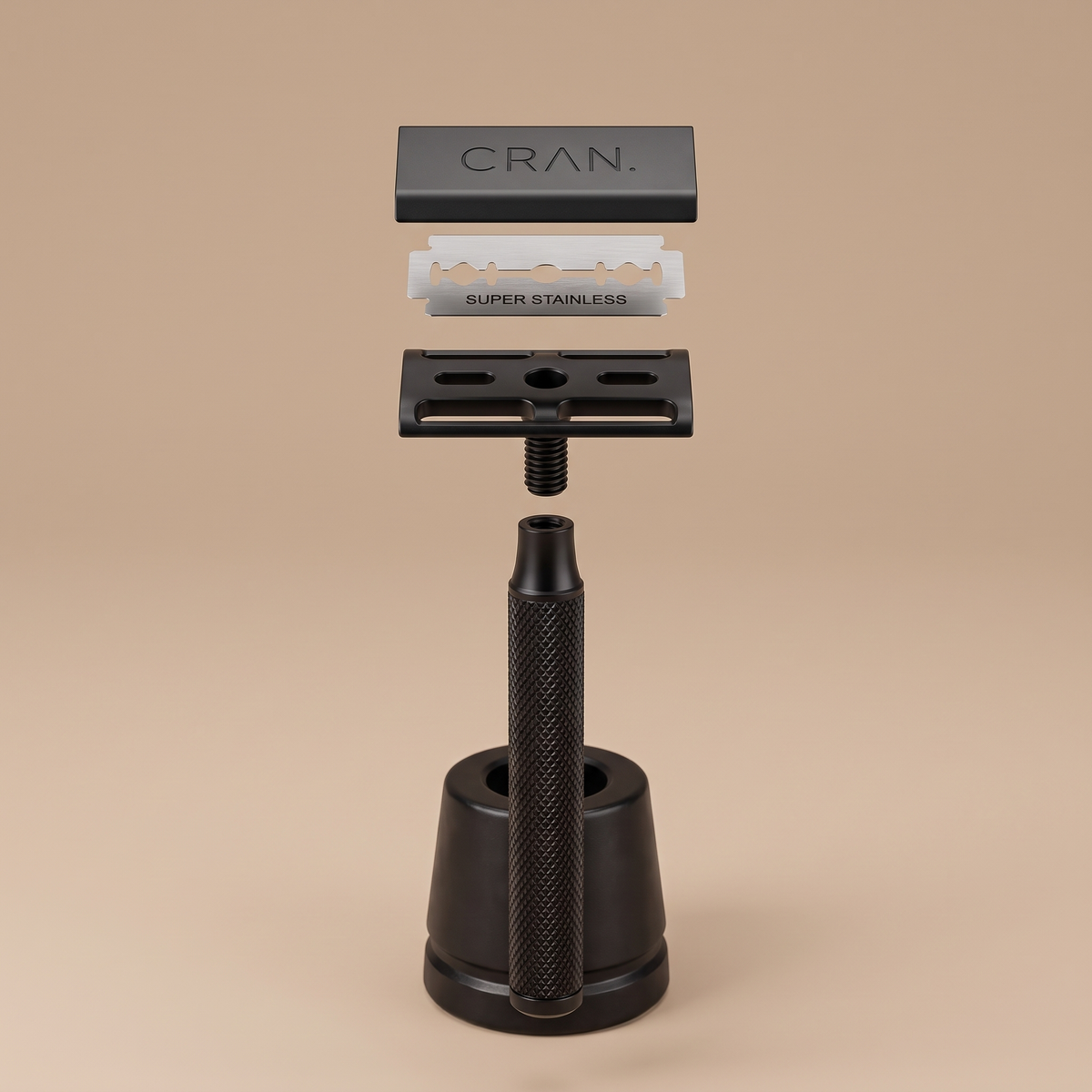 CRAN. razor and stand in Matte Black, three-piece head shown apart