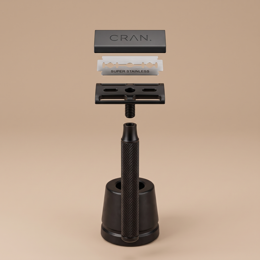 CRAN. razor and stand in Matte Black, three-piece head shown apart